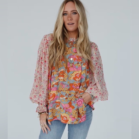 JODIFL Tops - JODIFL Flower Frenzy Bubble Sleeve Top Multicolor Floral Bohemian Blouse Size M